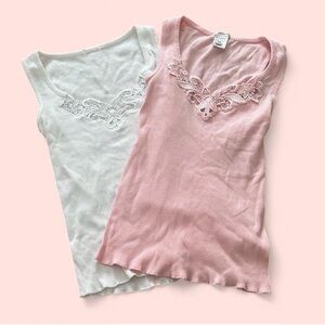 Pink and White Lace Trim Tank Tops